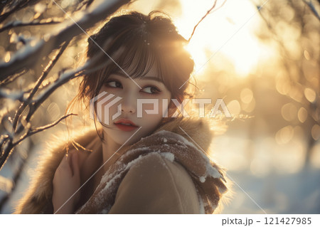 雪降る森で微笑む美しい日本人女性と木漏れ日-実写スタイル- 121427985