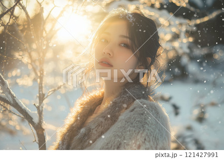 雪降る森で微笑む美しい日本人女性と木漏れ日-実写スタイル- 121427991
