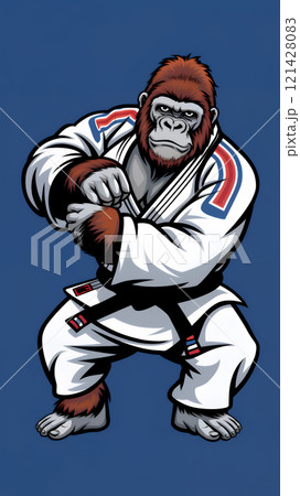 gorilla martial arts mascot cartoon comics flat style illustration ready for t-shirt print. Gorilla judo jiu-jitsu jujutsu karate taekwondo athlete wearing white judogi 121428083
