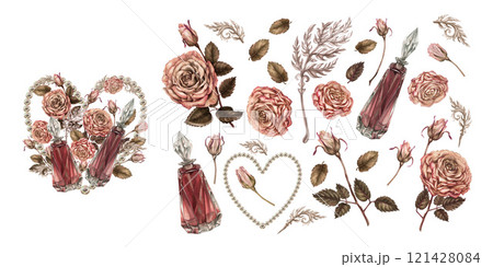 Set of elements for watercolor composition with pearl heart, perfumes, roses in pink, brown mocha mousse palette. Botanical clipart for wedding, valentine's day, women's card, poster, web design Set of elements for watercolor composition with pearl heart, perfumes, roses in pink, brown mocha mousse palette. Botanical clipart for wedding, valentine's day, women's card, poster, web design 121428084