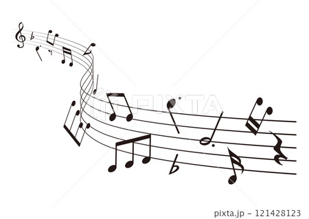 ウェーブ状の楽譜:五線譜に並ぶ音符の背景ベクターイラスト ウェーブ状の楽譜:五線譜に並ぶ音符の背景ベクターイラスト 121428123