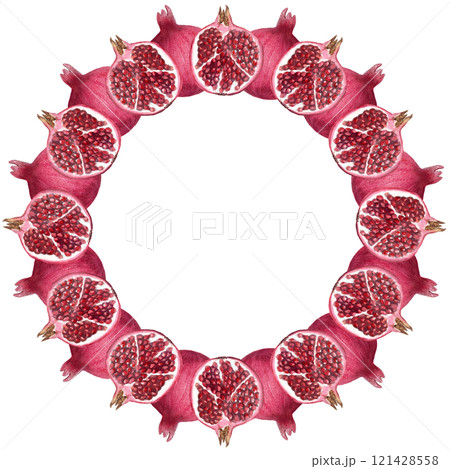 An open pomegranate watercolor round frame isolated on white. The hand-painted illustration cis perfect for culinary designs, kitchen, home decor, prints, cards, juice packages. Autumn harvest clip An open pomegranate watercolor round frame isolated on white. The hand-painted illustration cis perfect for culinary designs, kitchen, home decor, prints, cards, juice packages. Autumn harvest clip 121428558