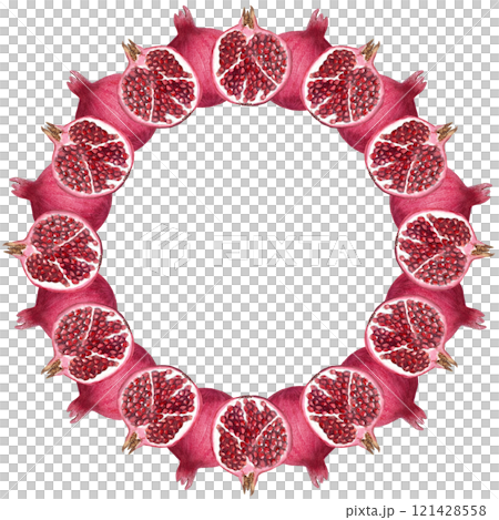 An open pomegranate watercolor round frame isolated on white. The hand-painted illustration cis perfect for culinary designs, kitchen, home decor, prints, cards, juice packages. Autumn harvest clip An open pomegranate watercolor round frame isolated on white. The hand-painted illustration cis perfect for culinary designs, kitchen, home decor, prints, cards, juice packages. Autumn harvest clip 121428558