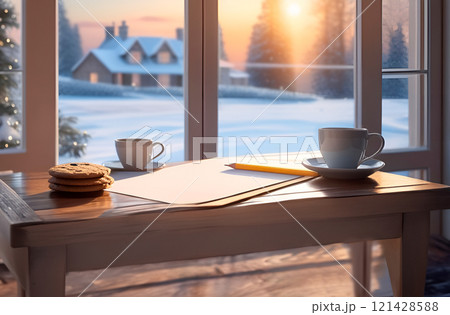 Cozy corner with coffee, paper for writing and drawing by terrace window of country house overlooking snowy village Cozy corner with coffee, paper for writing and drawing by terrace window of country house overlooking snowy village 121428588