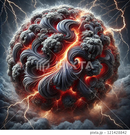 雲のような煙のような灰色のうねうねした球体!赤く光り雷に打たれる 雲のような煙のような灰色のうねうねした球体!赤く光り雷に打たれる 121428842