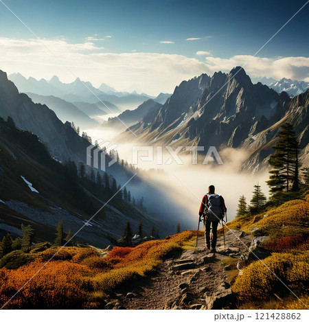 man on the peak of mountain at sunset man on the peak of mountain at sunset 121428862