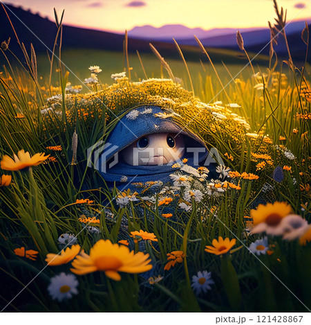 young woman in a black hat in a field of dandelions 121428867