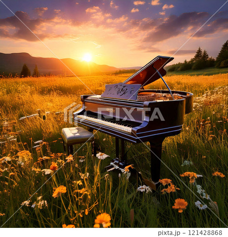 piano in the field at sunset 121428868