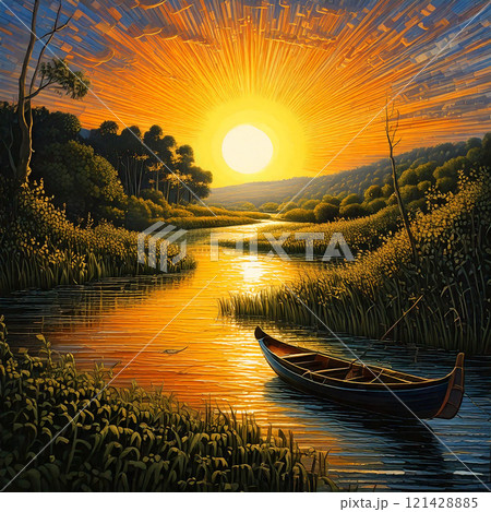 colorful sunset over the river 121428885