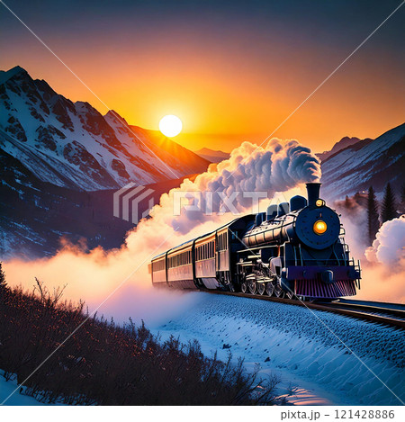 train on the mountain trains at sunset 121428886