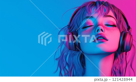 ヘッドフォンで音楽を聴く女性、恍惚の表情(生成AI画像) ヘッドフォンで音楽を聴く女性、恍惚の表情(生成AI画像) 121428944