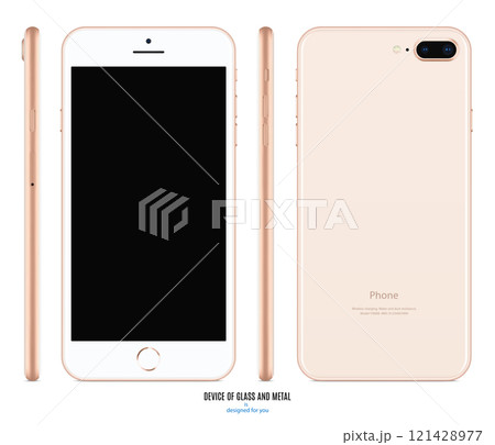 smartphone mockup in gold color with blank screen front, back and side on white background. stock vector illustration eps10 121428977