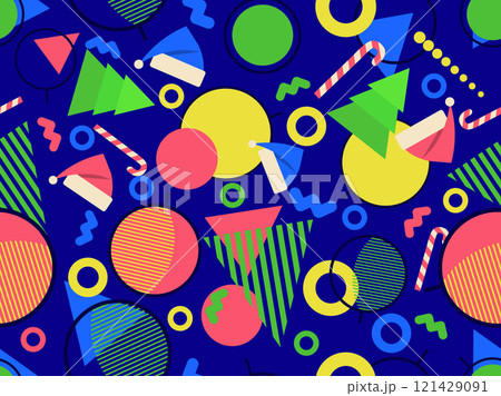 Christmas seamless pattern with geometric shapes in 80s style. Festive pattern with fir trees, lollipops, Christmas balls and Santa hats. Design for banners, wrappers and covers. Vector illustration 121429091