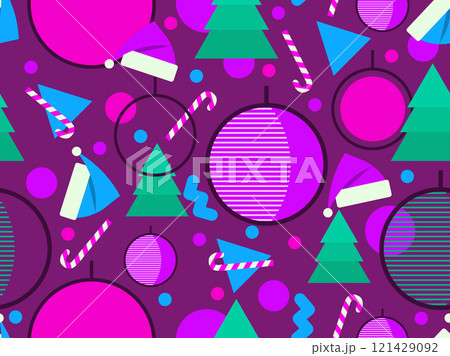 Christmas seamless pattern with geometric shapes in 80s style. Festive pattern with fir trees, lollipops, Christmas balls and Santa hats. Design for banners, wrappers and covers. Vector illustration 121429092