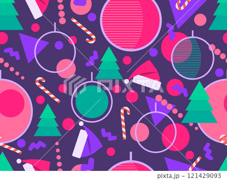 Christmas seamless pattern with geometric shapes in 80s style. Festive pattern with fir trees, lollipops, Christmas balls and Santa hats. Design for banners, wrappers and covers. Vector illustration 121429093