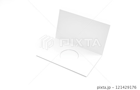 Blank white plastic card mock up inside paper booklet holder, 3d rendering. Clear loyalty program folded brochure with certificate mockup. Customer loyal booklet envelope template. 121429176