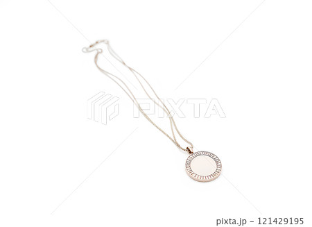 Blank gold medal with ribbon mockup lying, side view. 121429195