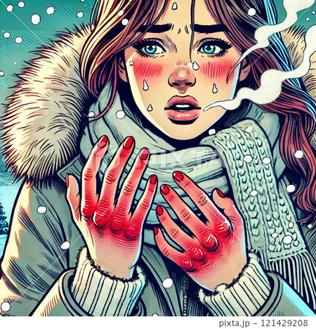 寒さでしもやけになる女性 寒さでしもやけになる女性 121429208