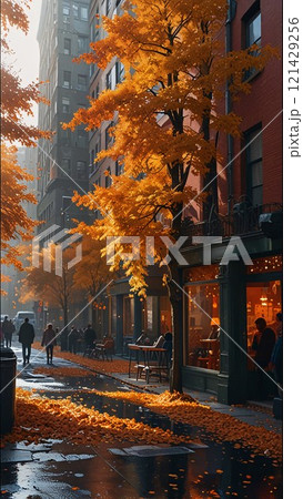 Rainy autumn cityscape with vibrant foliage, warm streetlights, and bustling pedestrians. Rainy autumn cityscape with vibrant foliage, warm streetlights, and bustling pedestrians. 121429256