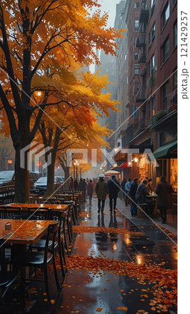 a rain-slicked city street bathed in the warm glow of streetlights 121429257