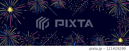 Colorful fireworks set background. Celebration banner template. New year party design. Vector illustration. 121429290