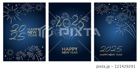 Elegant New Year greeting card design vector. Golden and white lettering and fireworks on blue background. 121429291