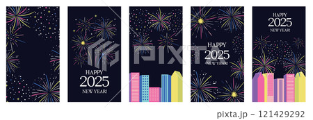 New Year holiday backgrounds. Fireworks and stars. Banners, posters design templates. 121429292