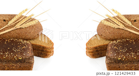 whole grain breads with seeds isolated on the white background. top view. healthy food. Wide photo. Free space for text. Collage. 121429433