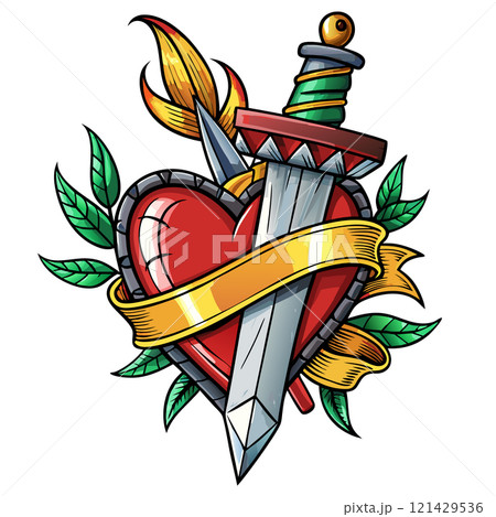 Red heart with dagger and ribbon, in the style of vintage tattoo 121429536