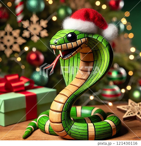 Green snake, symbol of the New Year 2025. Cute snake in a red Santa Claus hat near the Christmas tree. Green snake, symbol of the New Year 2025. Cute snake in a red Santa Claus hat near the Christmas tree. 121430116