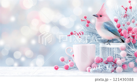 A cute pink bird sits gently next to a pink cup, copy space. 121430388