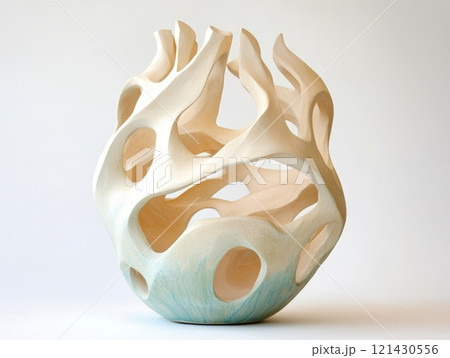 Abstract Ceramic Sculpture with Organic Forms and Intricate Cutouts 121430556