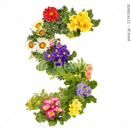 Letter S made of various colorful flowers 121430608