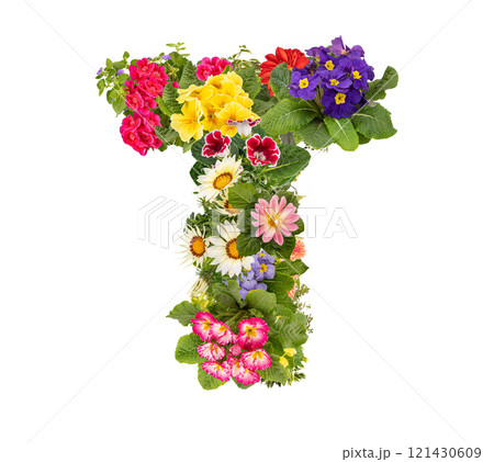 Letter T made of various colorful flowers 121430609
