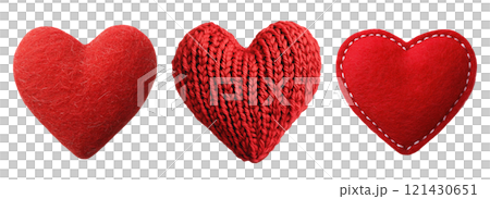 Set of isolated three hearts in vivid knitted and felt dolls on a transparent background. 121430651