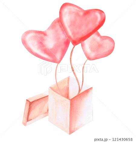 Heart-shaped balloons in a gift box. Isolated watercolor illustration for decorating children's parties, cards, birthdays, posters. 121430658