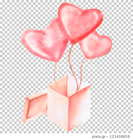 Heart-shaped balloons in a gift box. Isolated watercolor illustration for decorating children's parties, cards, birthdays, posters. 121430658