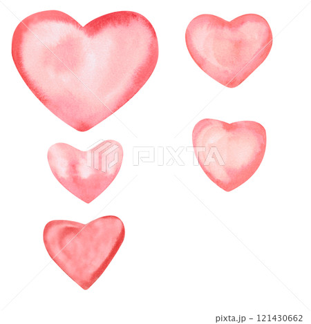 Set of watercolor hearts. Isolated illustration of hearts for Valentine's day design, wedding, holidays, birthdays, printing on fabric, wallpaper, cards. 121430662