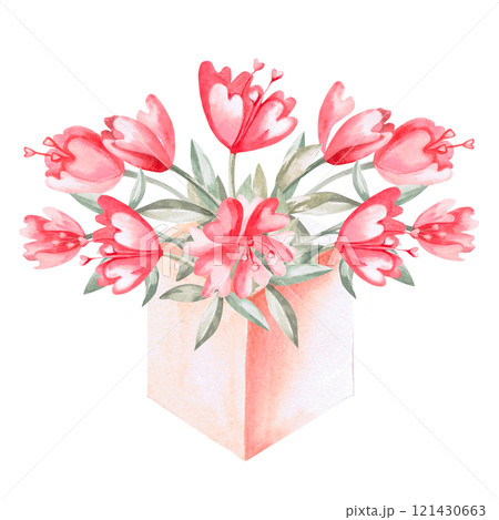 Bouquet of flowers in a gift box. Isolated watercolor illustration in cartoon style for holiday, birthday, Valentine's day design, postcard, poster printing. 121430663