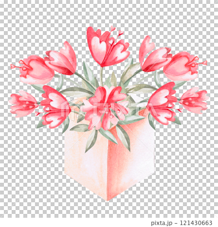 Bouquet of flowers in a gift box. Isolated watercolor illustration in cartoon style for holiday, birthday, Valentine's day design, postcard, poster printing. 121430663