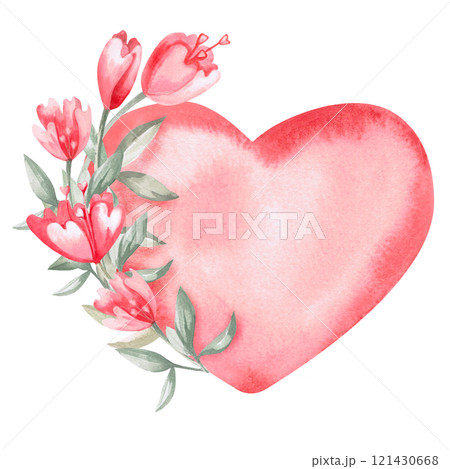Heart composition with flowers. Isolated watercolor illustration for Valentine's Day gift design, poster printing, clothing, fabric, children's room decoration. 121430668