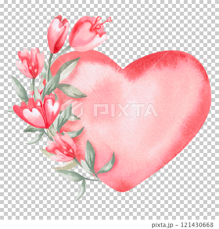 Heart composition with flowers. Isolated watercolor illustration for Valentine's Day gift design, poster printing, clothing, fabric, children's room decoration. 121430668