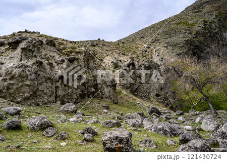 Stone formations on the slope of a high mountain. Altai. Stone mushrooms. Stone formations on the slope of a high mountain. Altai. Stone mushrooms. 121430724