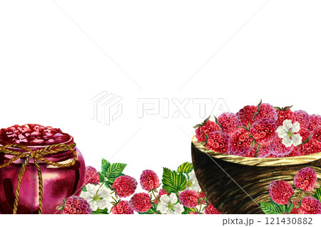 A banner with an image of raspberries, Raspberries in a wooden vase and raspberry jam in a jar. Handmade watercolor illustration. Highlight it. For packaging, labels and flyers, banners and recipes. 121430882