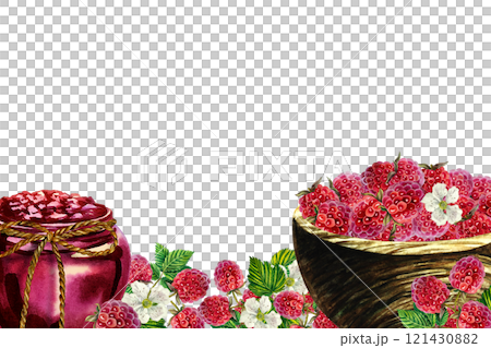 A banner with an image of raspberries, Raspberries in a wooden vase and raspberry jam in a jar. Handmade watercolor illustration. Highlight it. For packaging, labels and flyers, banners and recipes. 121430882