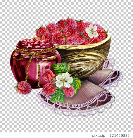 Raspberries in a wooden bowl and raspberry jam in a jar. Handmade watercolor illustration. Highlight it. Beautiful vintage still life. For packaging, labels and flyers. For banners, stickers, recipes. Raspberries in a wooden bowl and raspberry jam in a jar. Handmade watercolor illustration. Highlight it. Beautiful vintage still life. For packaging, labels and flyers. For banners, stickers, recipes. 121430883