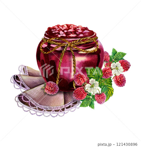 Raspberries and raspberry jam in a jar. Handmade watercolor illustration. Highlight it. Beautiful, vintage still life with jam. For packaging, labels and flyers. For banners, stickers, and recipes. 121430896