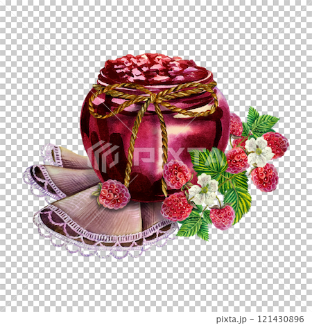 Raspberries and raspberry jam in a jar. Handmade watercolor illustration. Highlight it. Beautiful, vintage still life with jam. For packaging, labels and flyers. For banners, stickers, and recipes. 121430896
