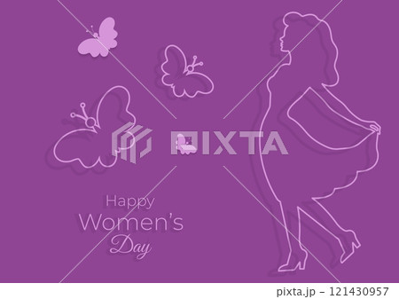 Lilac banner for March 8 with silhouette of girl and butterflies 121430957