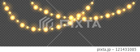 Festive Christmas light  glowing garland string on dark background. 121431085